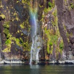 Ein Wasserfall mit einem Regenbogen am Milford Sound