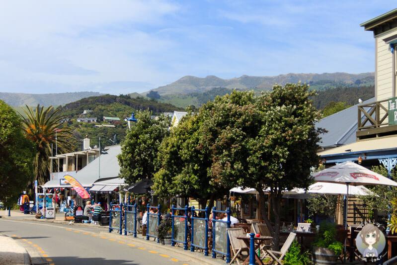 Im Hafen von Akaroa sind viele Restaurants