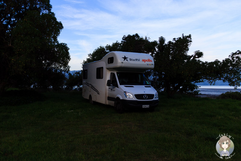 Unser Freedom Campingplatz in French Farm auf der Banks Peninsula, Neuseeland