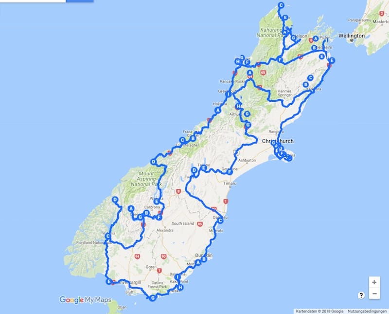 Unsere Route über Neuseelands Südinsel 2015