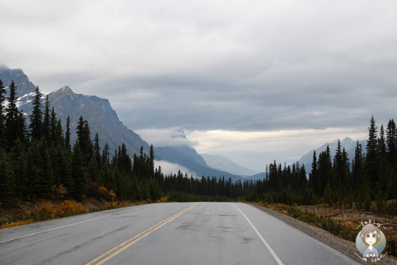 Tiefhängende Wolken über dem Icefields Parkway, Kanada