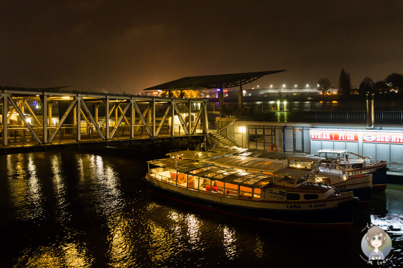 Schiffe an den Landungsbrücken in Hamburg, bei Nacht