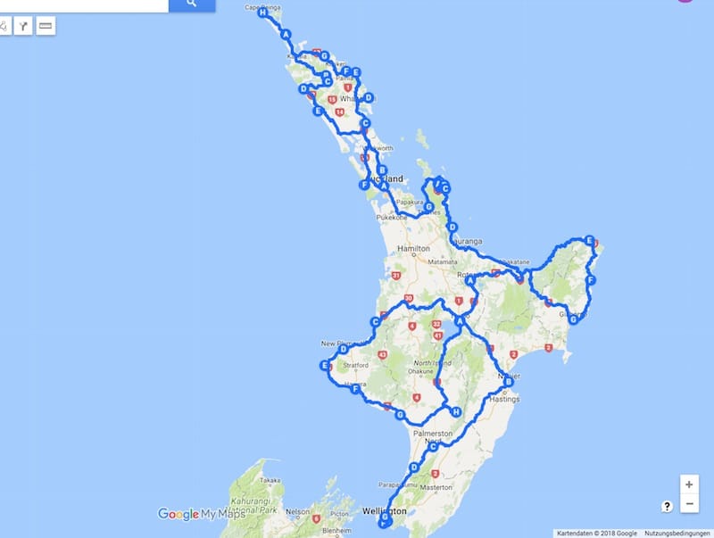 Unsere Reise - Route auf Neuseelands Nordinsel 2015