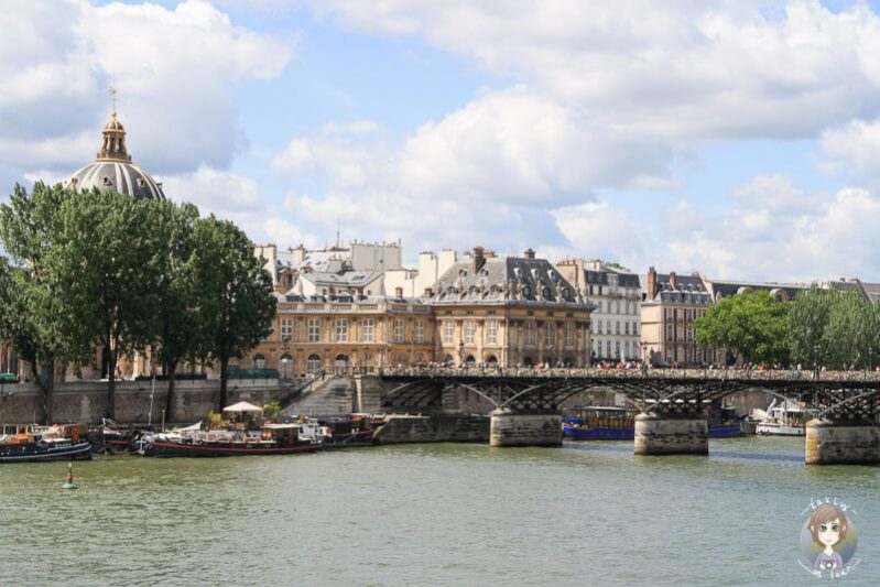 Blick über den Fluss Seine in Paris mit einer Bruecke im Hintergrund