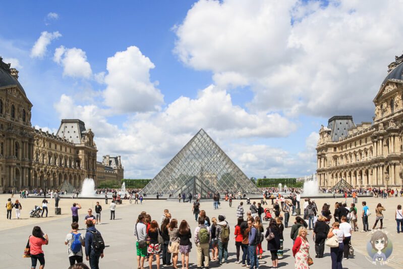 Menschen im Vordergrund die Glaspyramide des Louvre Museums im Hintergrund Zu Besuch in Paris