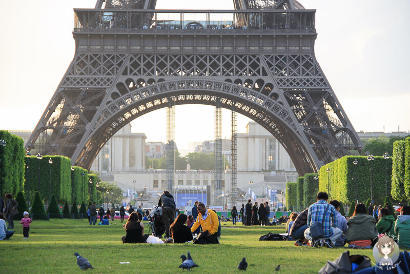 Picknick auf einer Wiese vor dem Eiffelturm