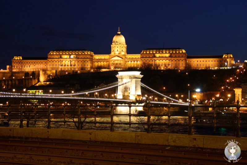 Toller Blick auf die Kettenbrücke und die Burg von Budapest bei Nacht