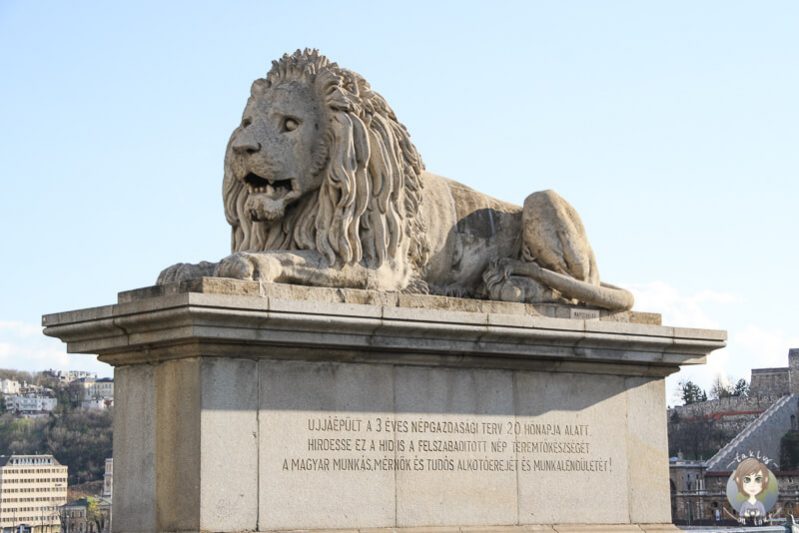 Loewenstatue auf der Kettenbruecke in Budapest