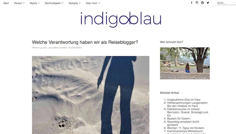 Screenshot von Indigoblau Thema Verantwortung als Reiseblogger
