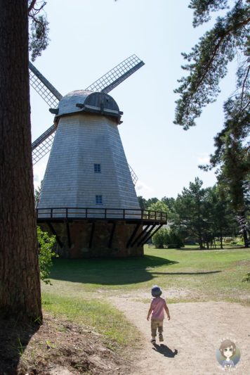 Windmühle in Ventspils im Baltikum mit Kind