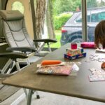 Im Mietwohnwagen oder Wohnmobil auf dem Campingplatz mit Kind